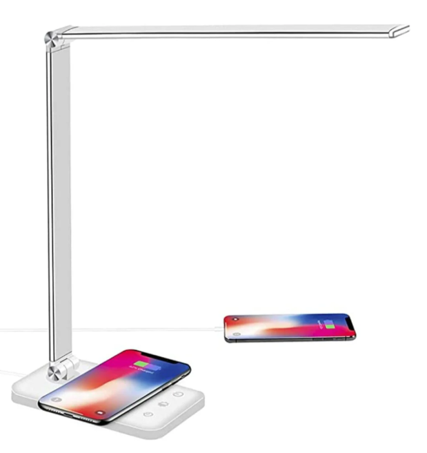 Lampe de bureau LED moderne, bras flexible, charge USB intégrée. Éclairage ajustable.