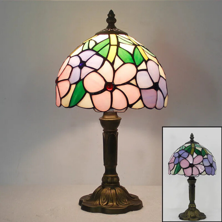 Lampe de bureau style Tiffany, verre coloré, col ajustable.  Design élégant, lumière chaleureuse.