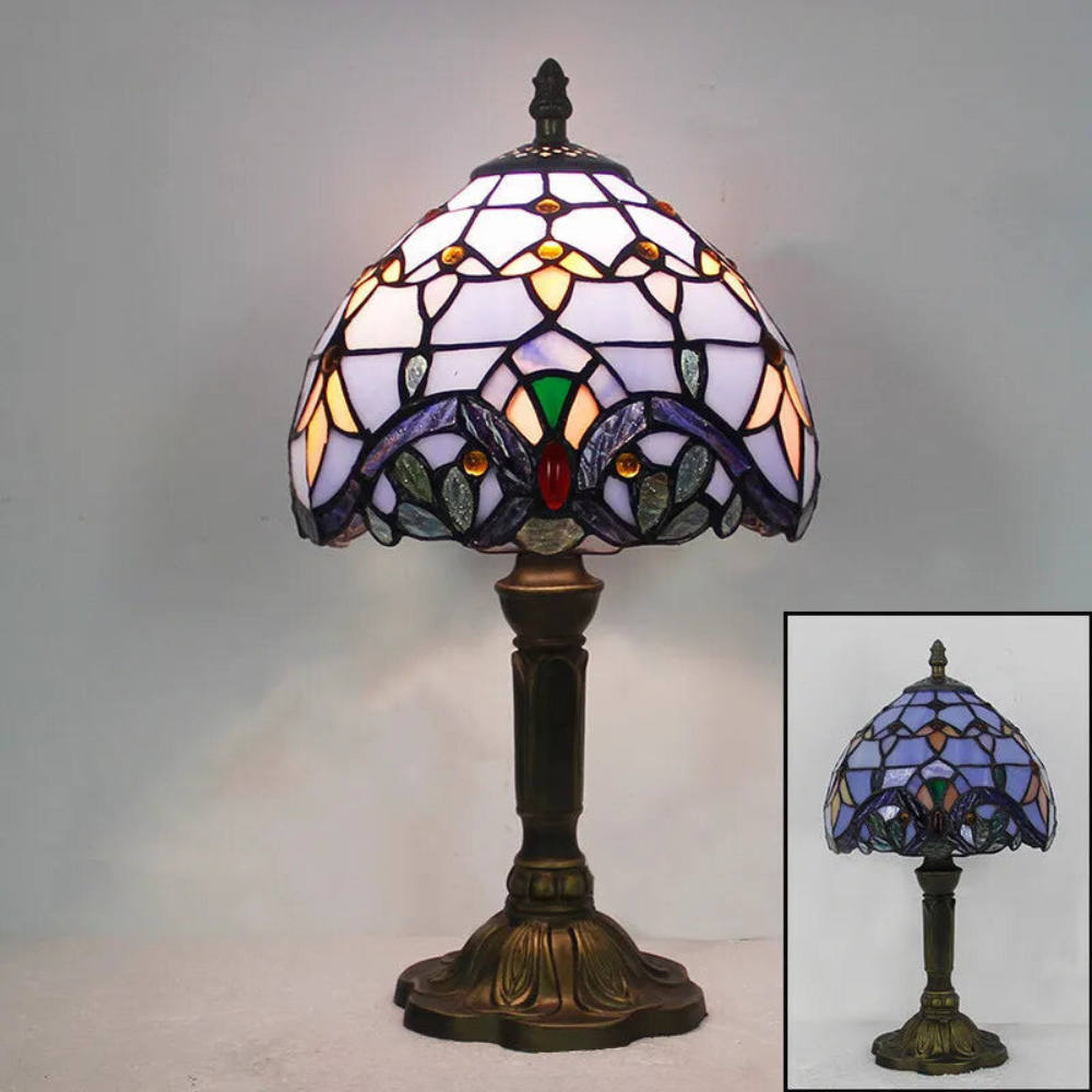 Lampe de bureau style Tiffany, verre coloré, col ajustable.  Design élégant, lumière chaleureuse.