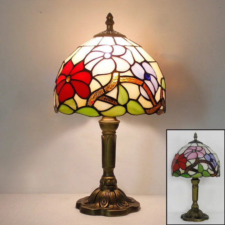 Lampe de bureau style Tiffany, verre coloré, col ajustable.  Design élégant, lumière chaleureuse.