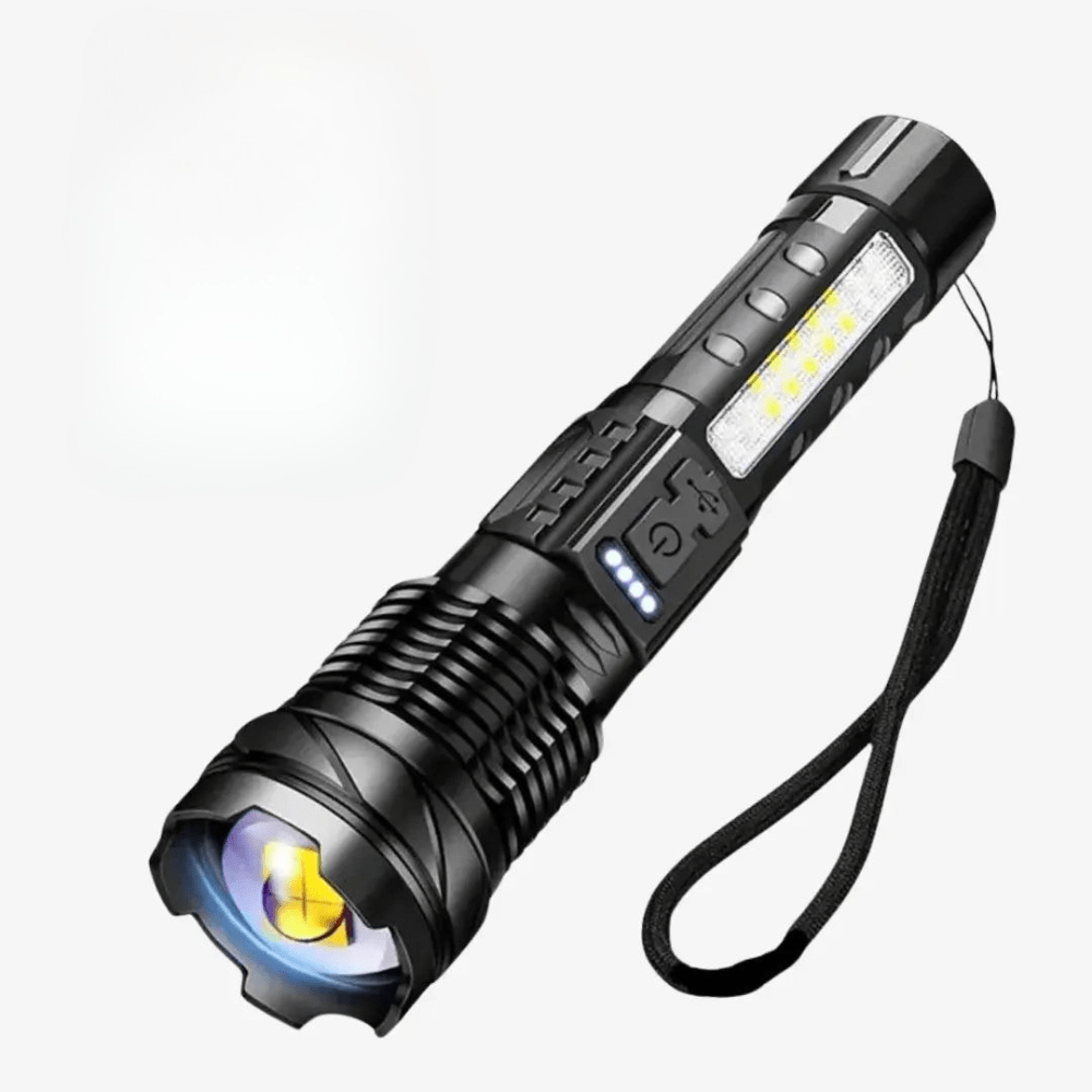 "Lampe de poche LED 5000 lumens, aluminium, étanche, multifonction avec modes variés, idéale pour extérieur."