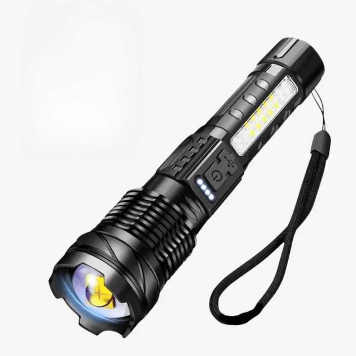"Lampe de poche LED 5000 lumens, aluminium, étanche, multifonction avec modes variés, idéale pour extérieur."