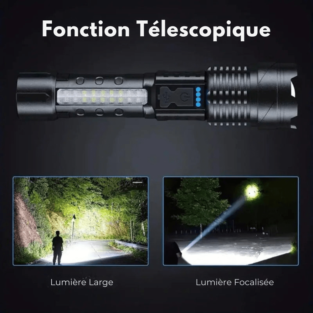 "Lampe de poche LED 5000 lumens, aluminium, étanche, multifonction avec modes variés, idéale pour extérieur."