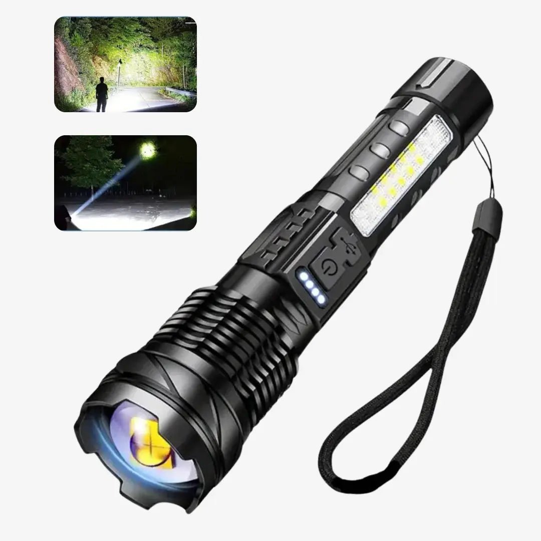 "Lampe de poche LED 5000 lumens, aluminium, étanche, multifonction avec modes variés, idéale pour extérieur."