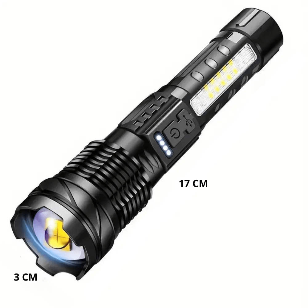 "Lampe de poche LED 5000 lumens, aluminium, étanche, multifonction avec modes variés, idéale pour extérieur."
