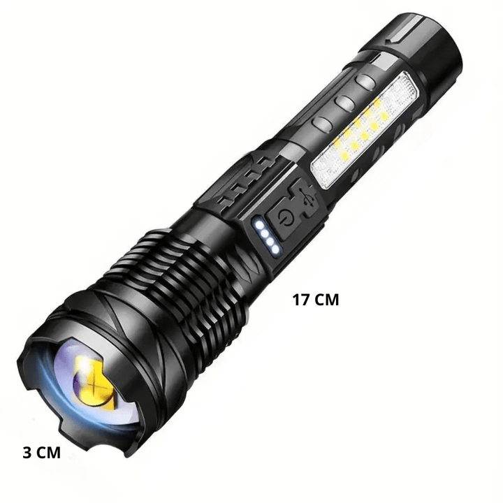 "Lampe de poche LED 5000 lumens, aluminium, étanche, multifonction avec modes variés, idéale pour extérieur."