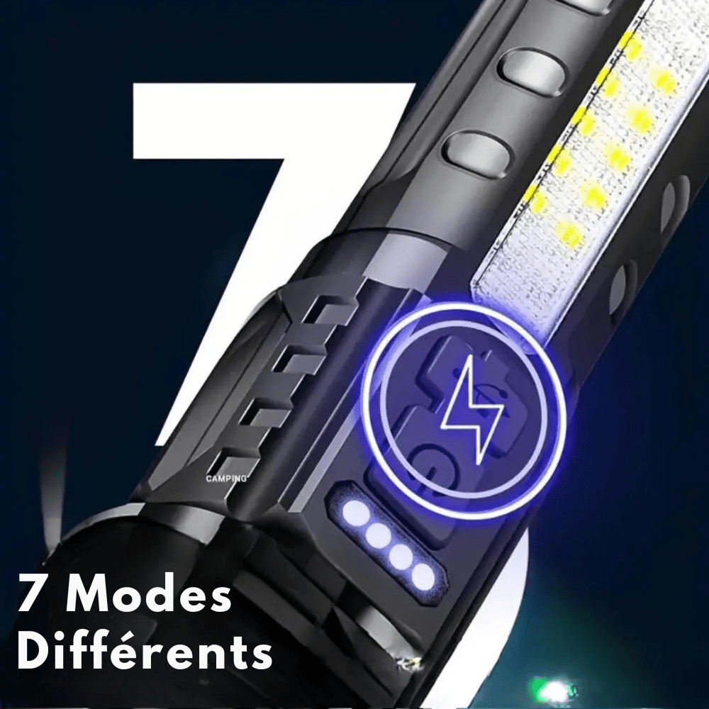 "Lampe de poche LED 5000 lumens, aluminium, étanche, multifonction avec modes variés, idéale pour extérieur."
