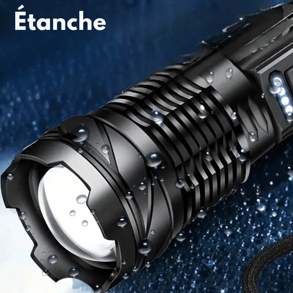 "Lampe de poche LED 5000 lumens, aluminium, étanche, multifonction avec modes variés, idéale pour extérieur."