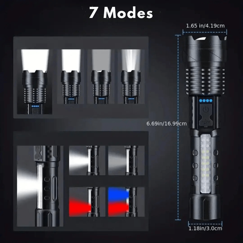 "Lampe de poche LED 5000 lumens, aluminium, étanche, multifonction avec modes variés, idéale pour extérieur."