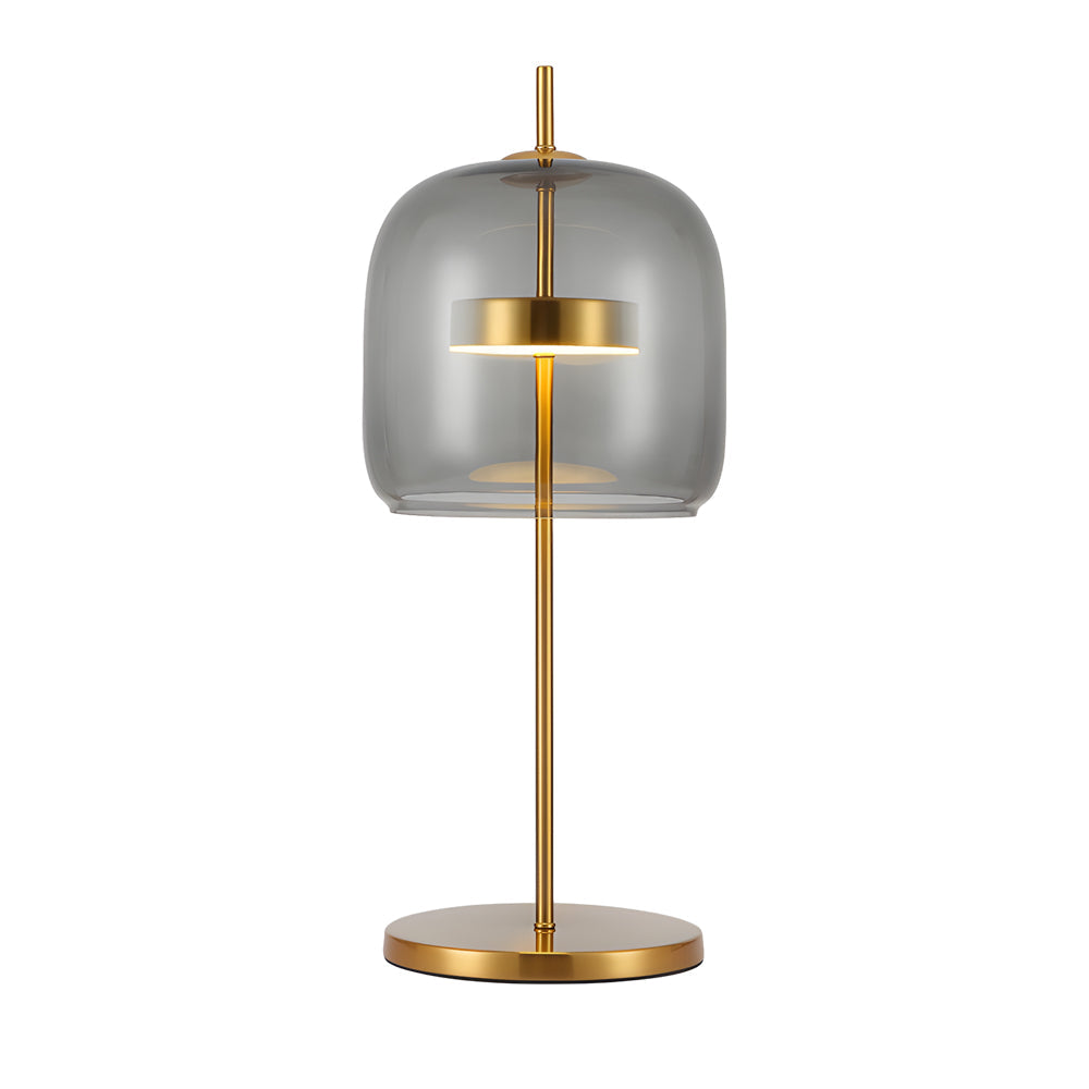 "Lampe de table en verre fumé LumiLux, design élégant, ambiance chaleureuse pour salon, chambre ou bureau."