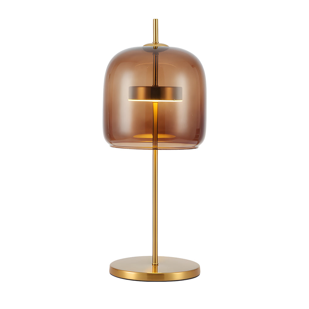 "Lampe de table en verre fumé LumiLux, design élégant, ambiance chaleureuse pour salon, chambre ou bureau."