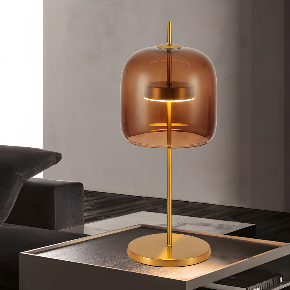 "Lampe de table en verre fumé LumiLux, design élégant, ambiance chaleureuse pour salon, chambre ou bureau."