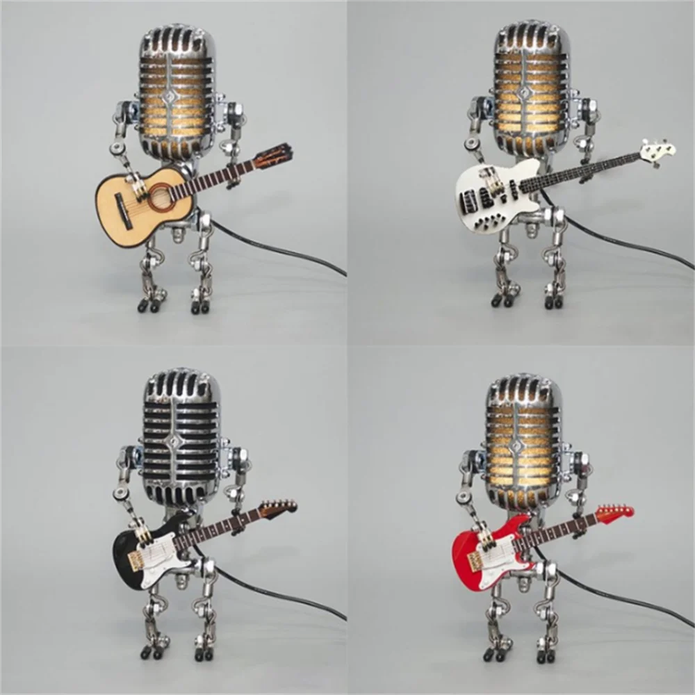 Lampe de table robot en métal avec guitare, design moderne, éclairage variable, idéale pour la décoration intérieure unique.
