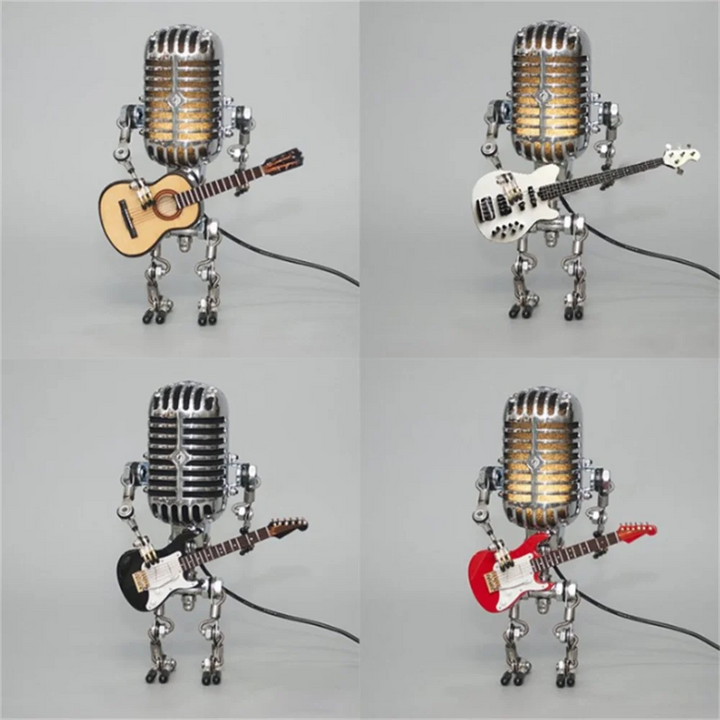 Lampe de table robot en métal avec guitare, design moderne, éclairage variable, idéale pour la décoration intérieure unique.