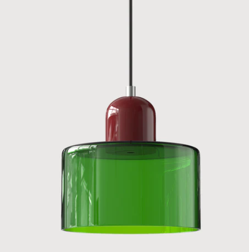 "Lampe en verre suspendue moderne, émet lumière chaude, conception en métal/verre, couleurs variées, style élégant."