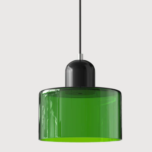 "Lampe en verre suspendue moderne, émet lumière chaude, conception en métal/verre, couleurs variées, style élégant."