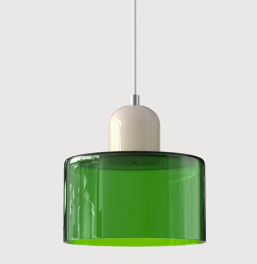 "Lampe en verre suspendue moderne, émet lumière chaude, conception en métal/verre, couleurs variées, style élégant."