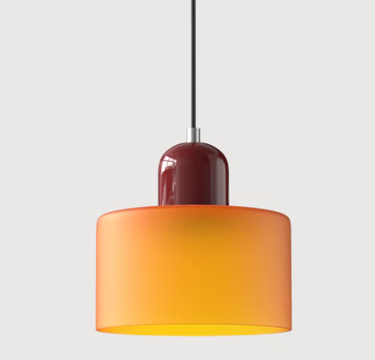 "Lampe en verre suspendue moderne, émet lumière chaude, conception en métal/verre, couleurs variées, style élégant."