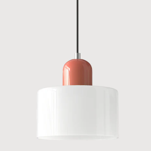 "Lampe en verre suspendue moderne, émet lumière chaude, conception en métal/verre, couleurs variées, style élégant."