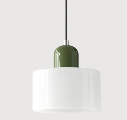 "Lampe en verre suspendue moderne, émet lumière chaude, conception en métal/verre, couleurs variées, style élégant."