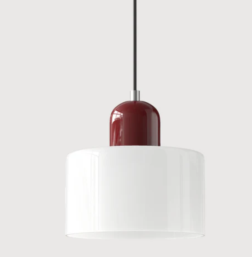 "Lampe en verre suspendue moderne, émet lumière chaude, conception en métal/verre, couleurs variées, style élégant."