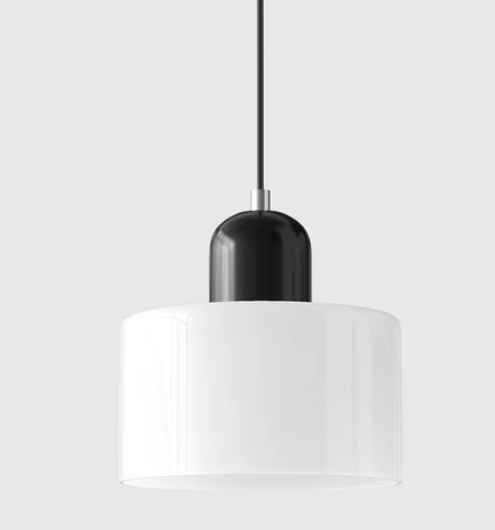 "Lampe en verre suspendue moderne, émet lumière chaude, conception en métal/verre, couleurs variées, style élégant."
