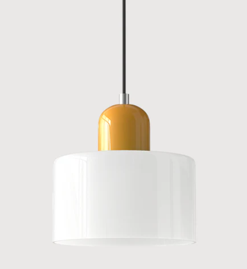 "Lampe en verre suspendue moderne, émet lumière chaude, conception en métal/verre, couleurs variées, style élégant."