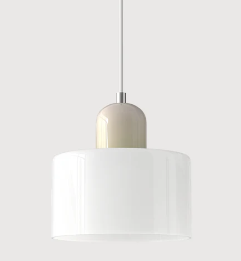 "Lampe en verre suspendue moderne, émet lumière chaude, conception en métal/verre, couleurs variées, style élégant."