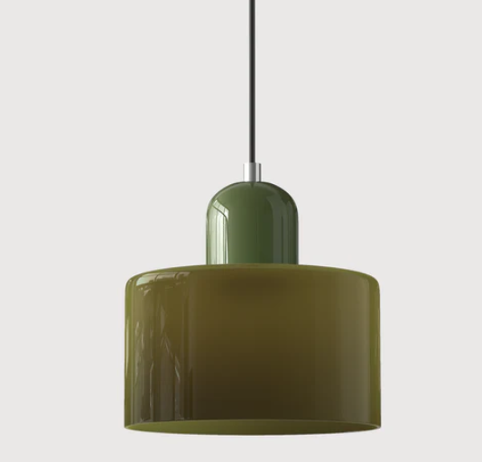 "Lampe en verre suspendue moderne, émet lumière chaude, conception en métal/verre, couleurs variées, style élégant."