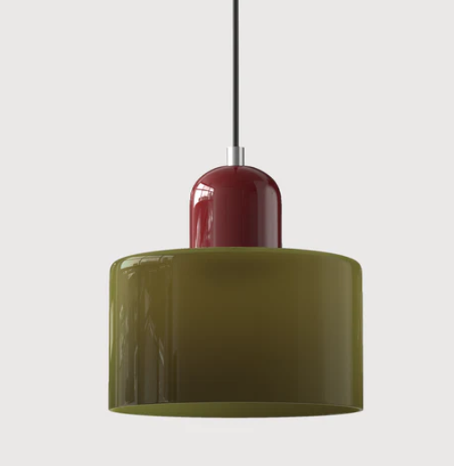 "Lampe en verre suspendue moderne, émet lumière chaude, conception en métal/verre, couleurs variées, style élégant."