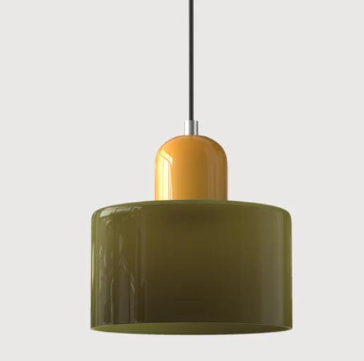 "Lampe en verre suspendue moderne, émet lumière chaude, conception en métal/verre, couleurs variées, style élégant."