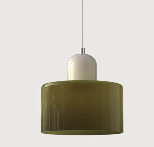 "Lampe en verre suspendue moderne, émet lumière chaude, conception en métal/verre, couleurs variées, style élégant."
