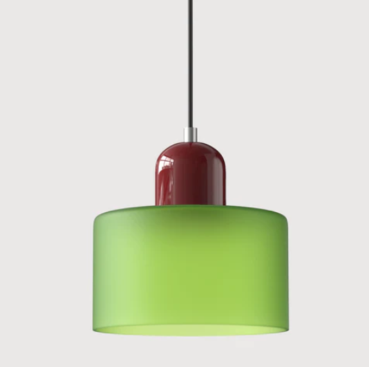 "Lampe en verre suspendue moderne, émet lumière chaude, conception en métal/verre, couleurs variées, style élégant."