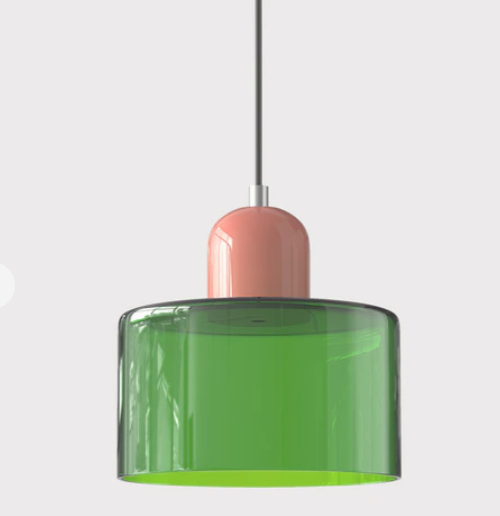 "Lampe en verre suspendue moderne, émet lumière chaude, conception en métal/verre, couleurs variées, style élégant."