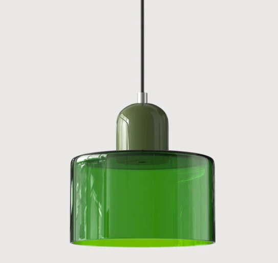 "Lampe en verre suspendue moderne, émet lumière chaude, conception en métal/verre, couleurs variées, style élégant."