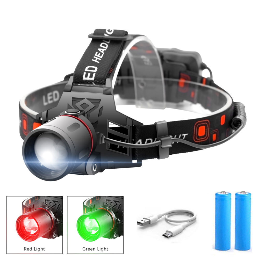 Lampe frontale LED rechargeable, 3 couleurs (blanc, rouge, vert), puissante et légère. Idéale randonnée, camping.