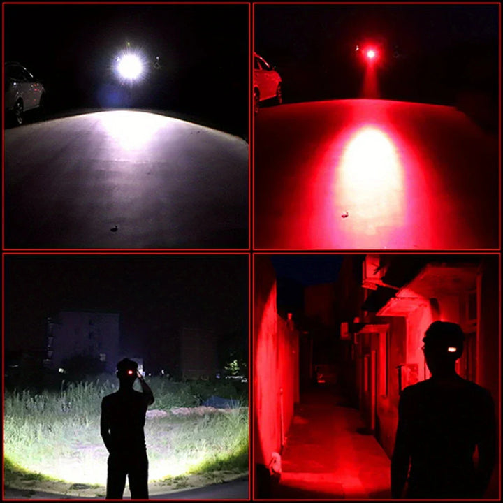 Lampe frontale LED rechargeable, 3 couleurs (blanc, rouge, vert), puissante et légère. Idéale randonnée, camping.
