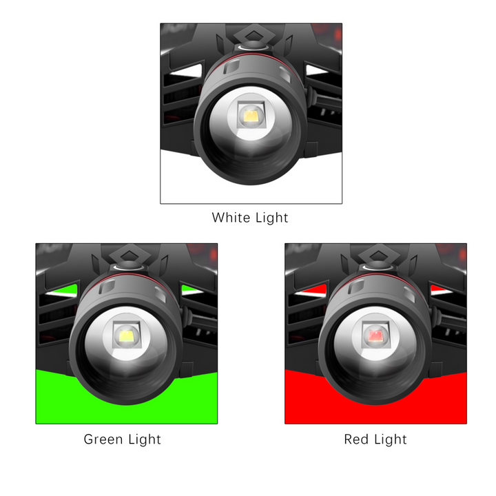Lampe frontale LED rechargeable, 3 couleurs (blanc, rouge, vert), puissante et légère. Idéale randonnée, camping.