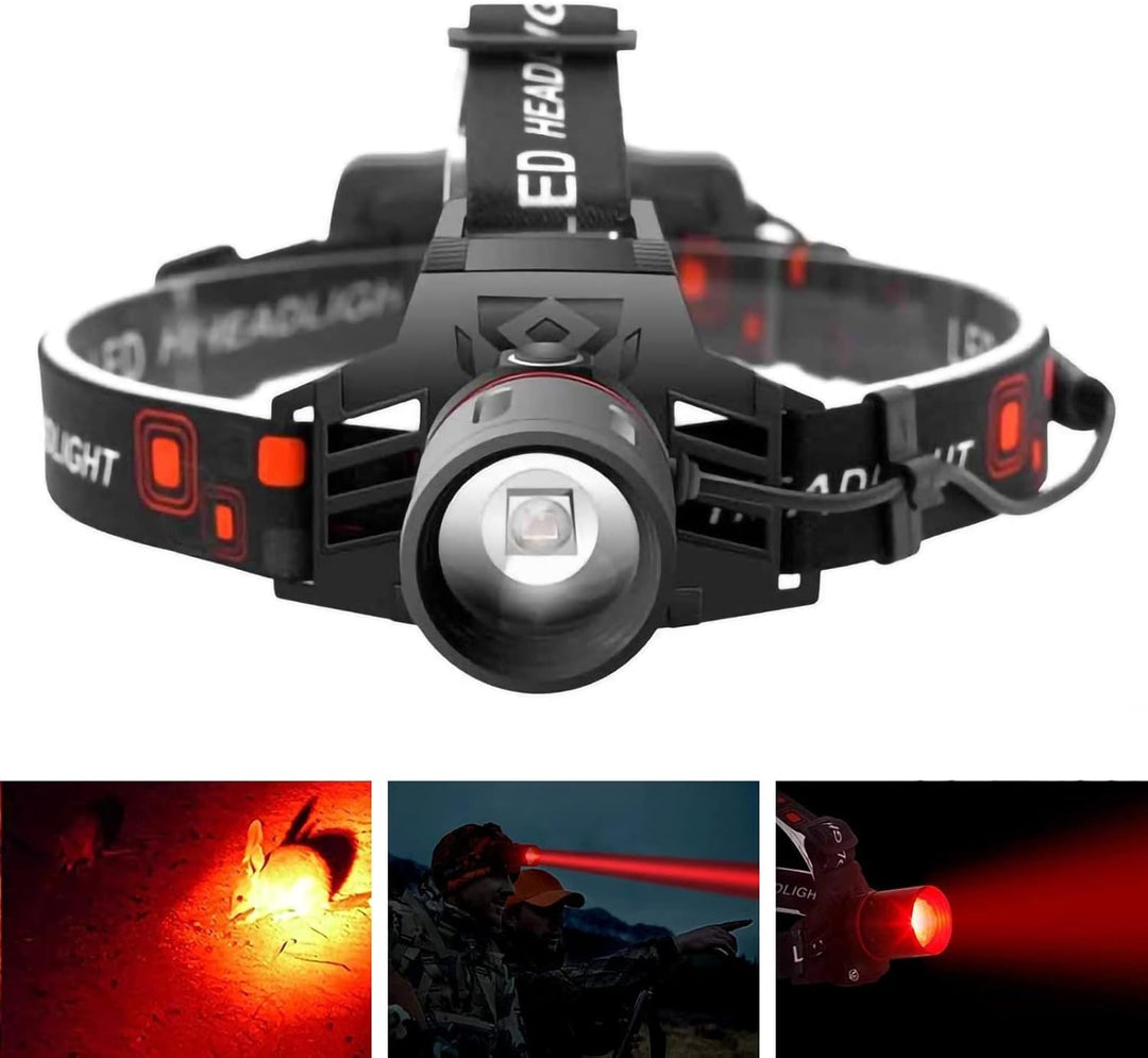 Lampe frontale LED rechargeable, 3 couleurs (blanc, rouge, vert), puissante et légère. Idéale randonnée, camping.