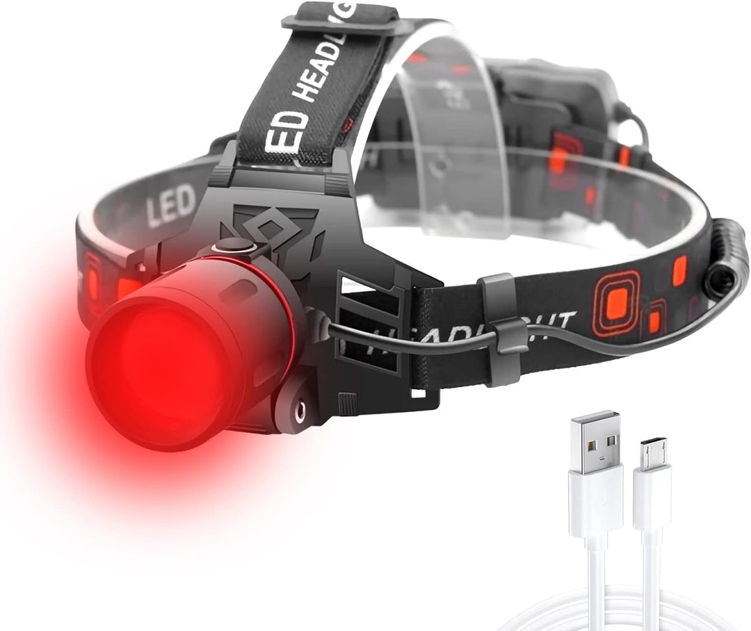 Lampe frontale LED rechargeable, 3 couleurs (blanc, rouge, vert), puissante et légère. Idéale randonnée, camping.