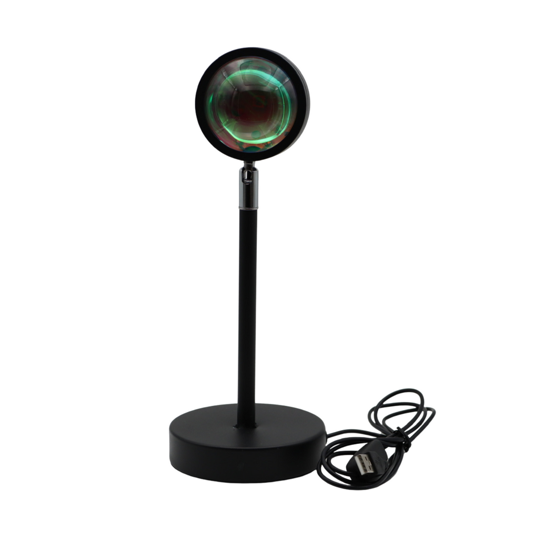 Lampe LED multicolore avec effet de coucher de soleil, ambiance relaxante, design élégant, halo lumineux chaleureux.