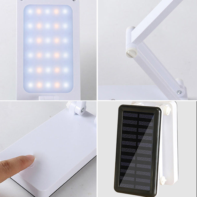 Lampe LED pliable solaire pour extérieur, design compact, ajustable, idéale camping, lecture, lumière d'urgence.