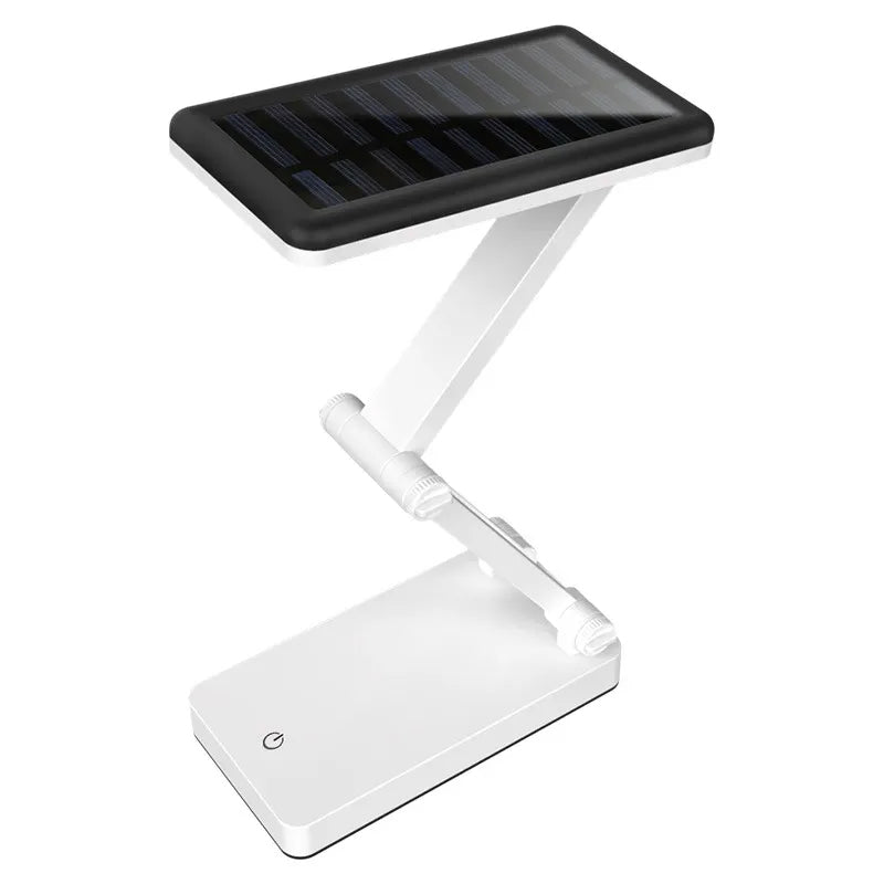 Lampe LED pliable solaire pour extérieur, design compact, ajustable, idéale camping, lecture, lumière d'urgence.