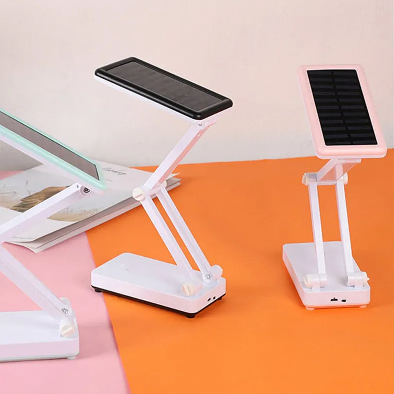 Lampe LED pliable solaire pour extérieur, design compact, ajustable, idéale camping, lecture, lumière d'urgence.