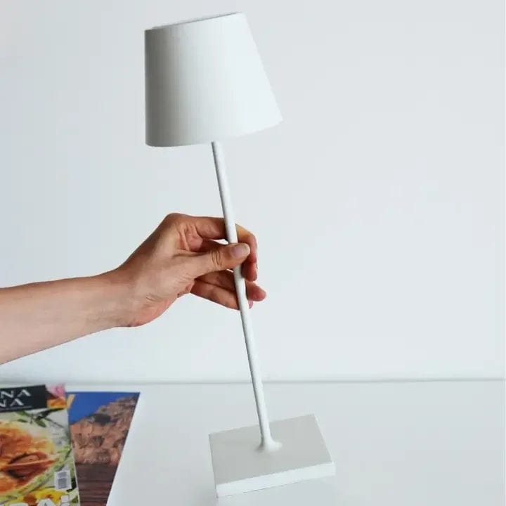 "Lampe LED sans fil Alexa, design moderne et élégant, étanche, couleur argent, éclairage doux et modulable, 38 cm de haut."