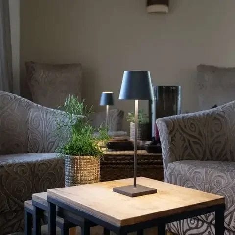 "Lampe LED sans fil Alexa, design moderne et élégant, étanche, couleur argent, éclairage doux et modulable, 38 cm de haut."