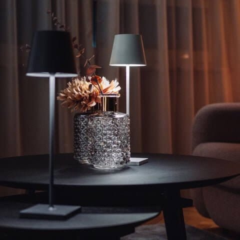 "Lampe LED sans fil Alexa, design moderne et élégant, étanche, couleur argent, éclairage doux et modulable, 38 cm de haut."
