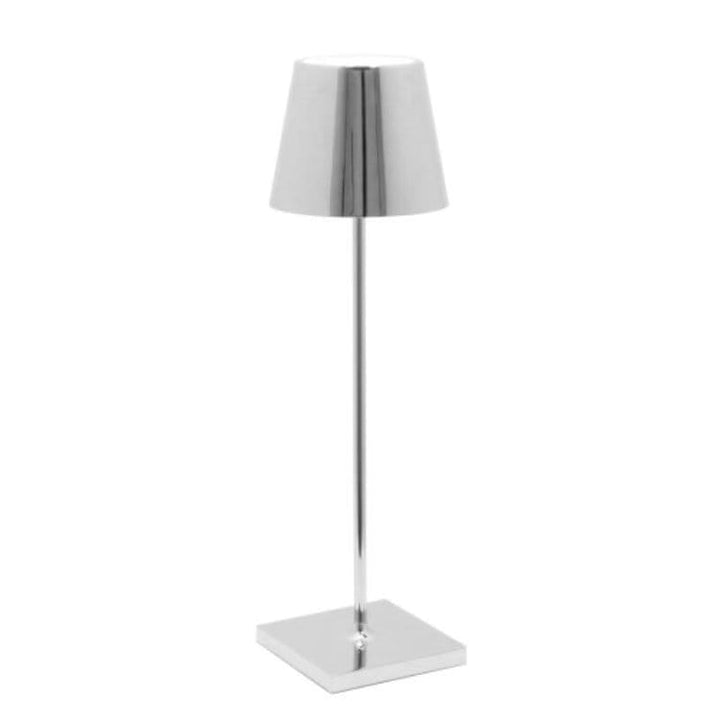 "Lampe LED sans fil Alexa, design moderne et élégant, étanche, couleur argent, éclairage doux et modulable, 38 cm de haut."