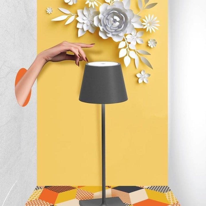 "Lampe LED sans fil Alexa, design moderne et élégant, étanche, couleur argent, éclairage doux et modulable, 38 cm de haut."