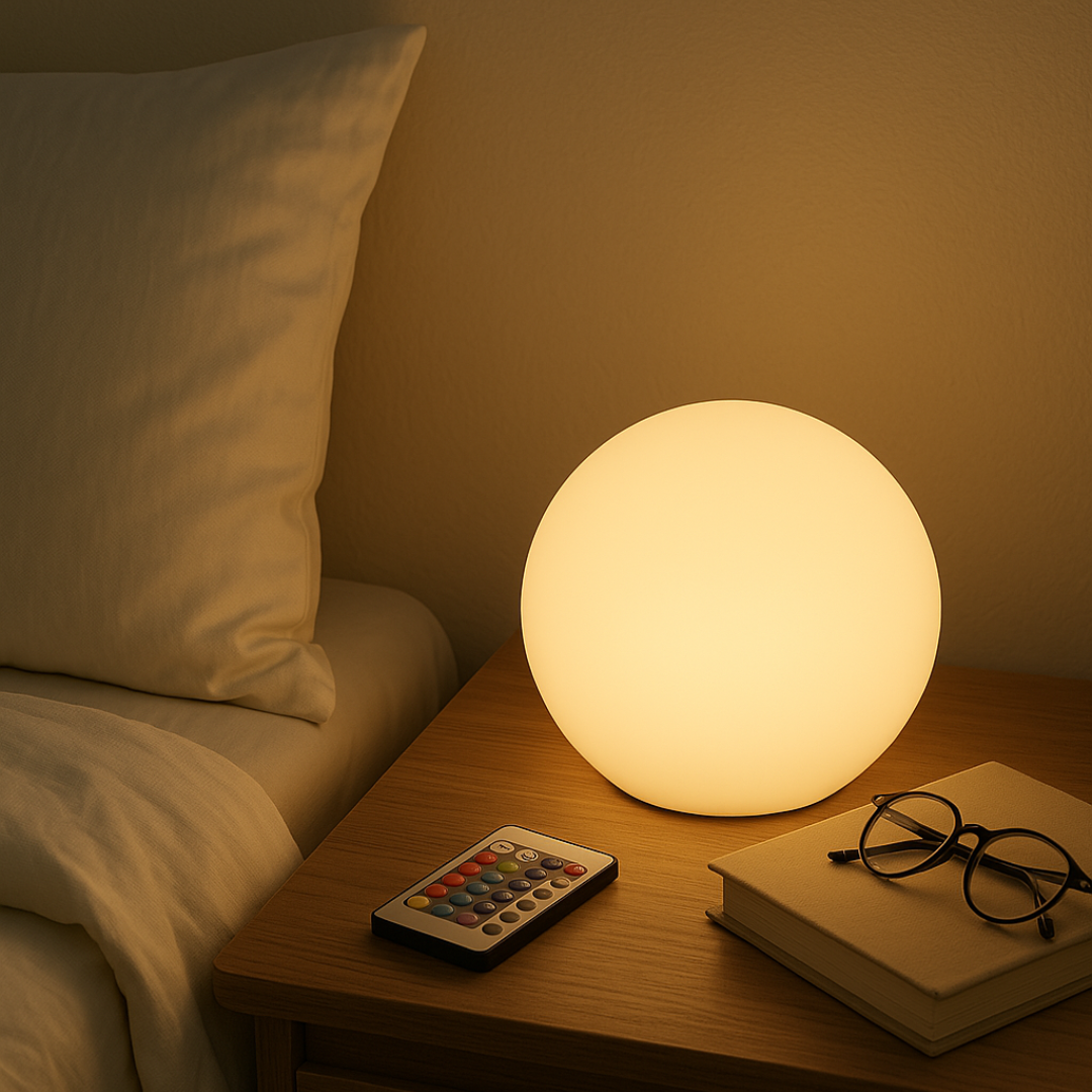 "Lampe LED sphérique multicolore sans fil avec télécommande, idéale pour créer une ambiance élégante et moderne."